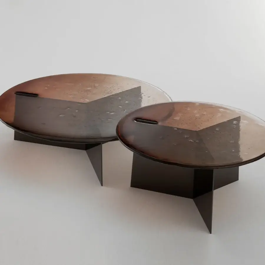 Distinguished Arte Veneziana Marantego coffee table with baked glass displaying bronze to crystal degradé and polished nickel iron support