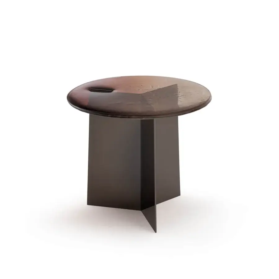 Elegant Arte Veneziana Marantego coffee table with bronze to crystal baked glass and polished nickel iron sheet base