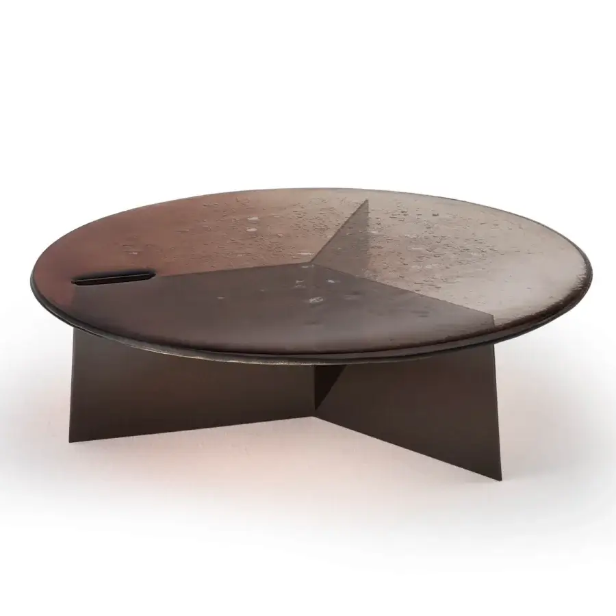 Distinguished Arte Veneziana Marantego coffee table with smoky brown baked glass and polished nickel iron sheet structure