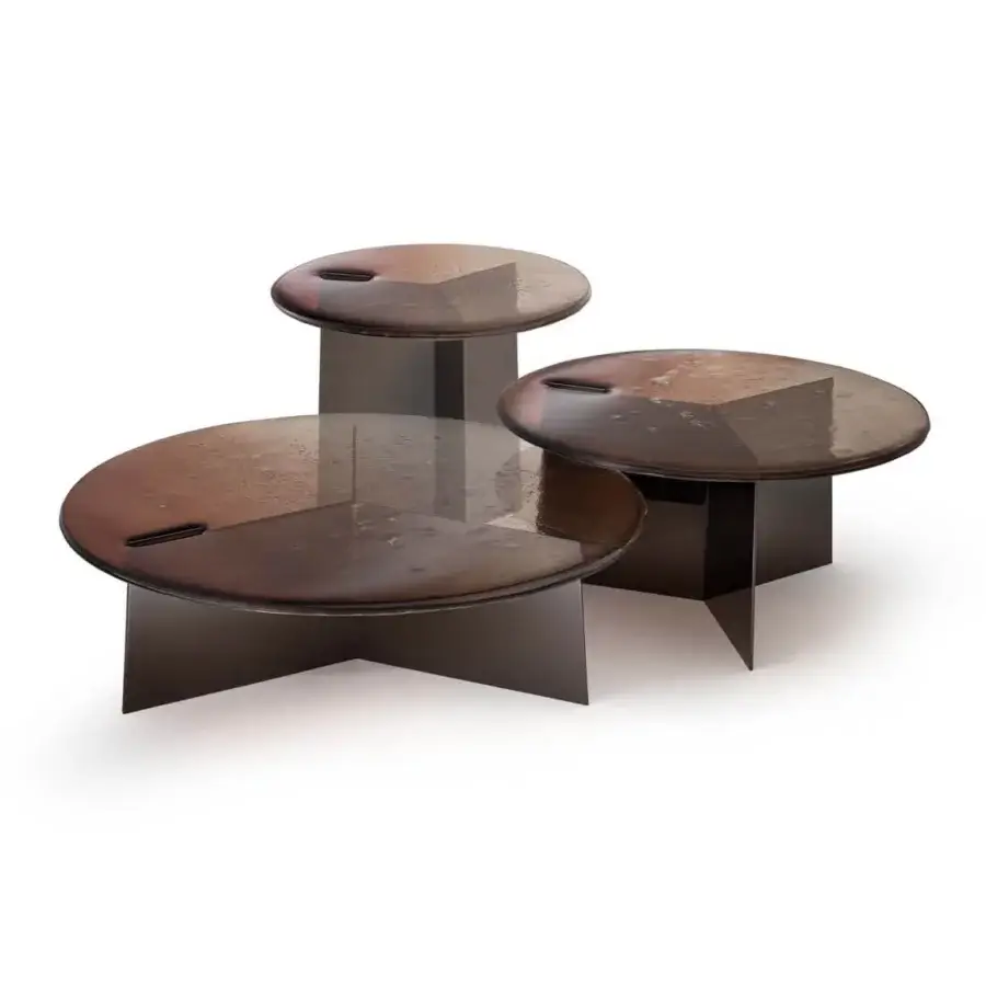Exceptional Arte Veneziana Marantego coffee table crafted with bronze to crystal baked glass and polished nickel iron sheet structure