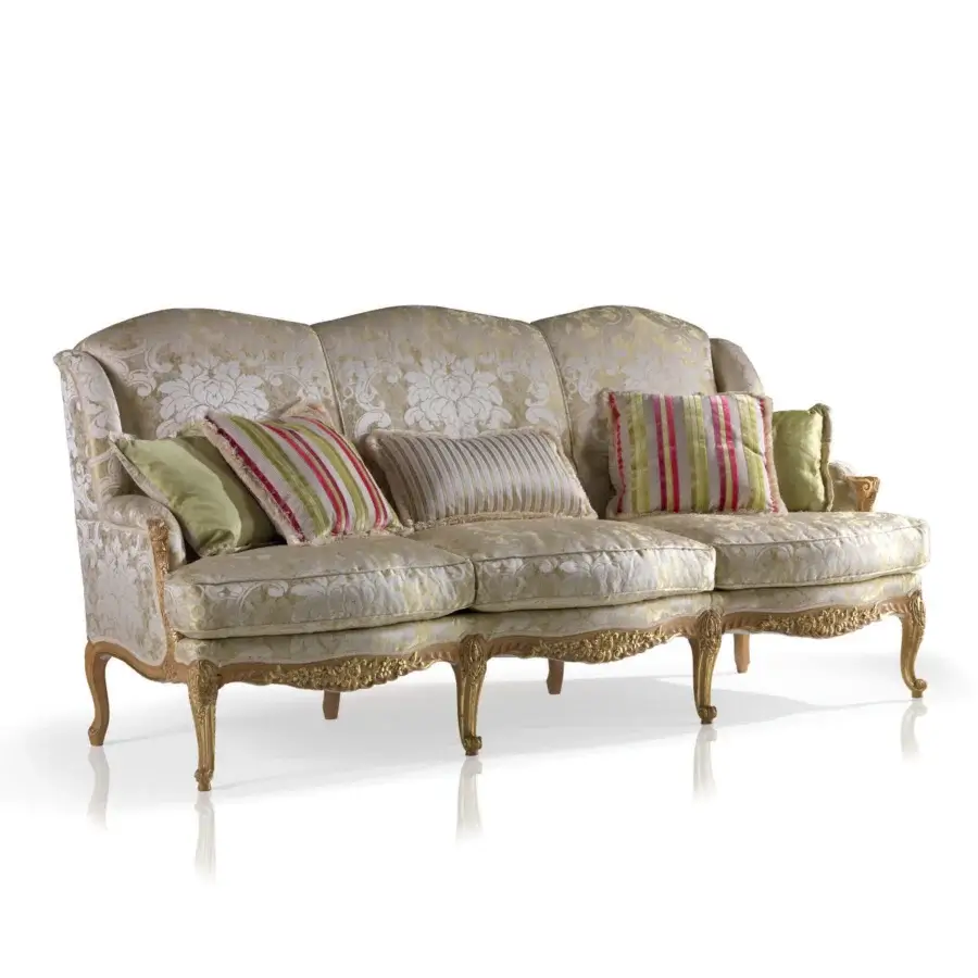 Exquisite Armando Rho A1177 sofa crafted in Italy with pale green and cream textile, gold leaf accented natural oak wood frame