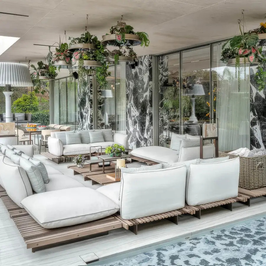 Superior Giorgetti Apsara sofa with carob powder-coated aluminum, Afrormosia wooden slats, and off-white waterproof upholstery