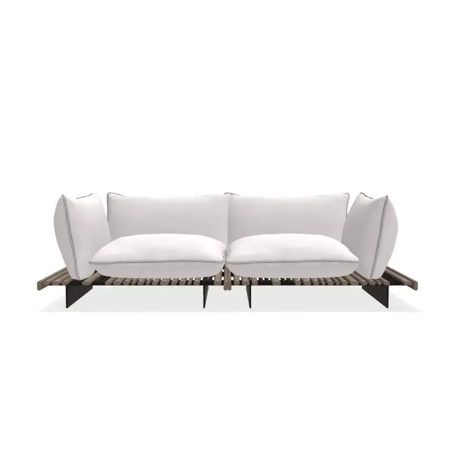 Distinguished Giorgetti Apsara sofa crafted with carob powder-coated aluminum, Afrormosia wooden slats, and plush white waterproof cushions