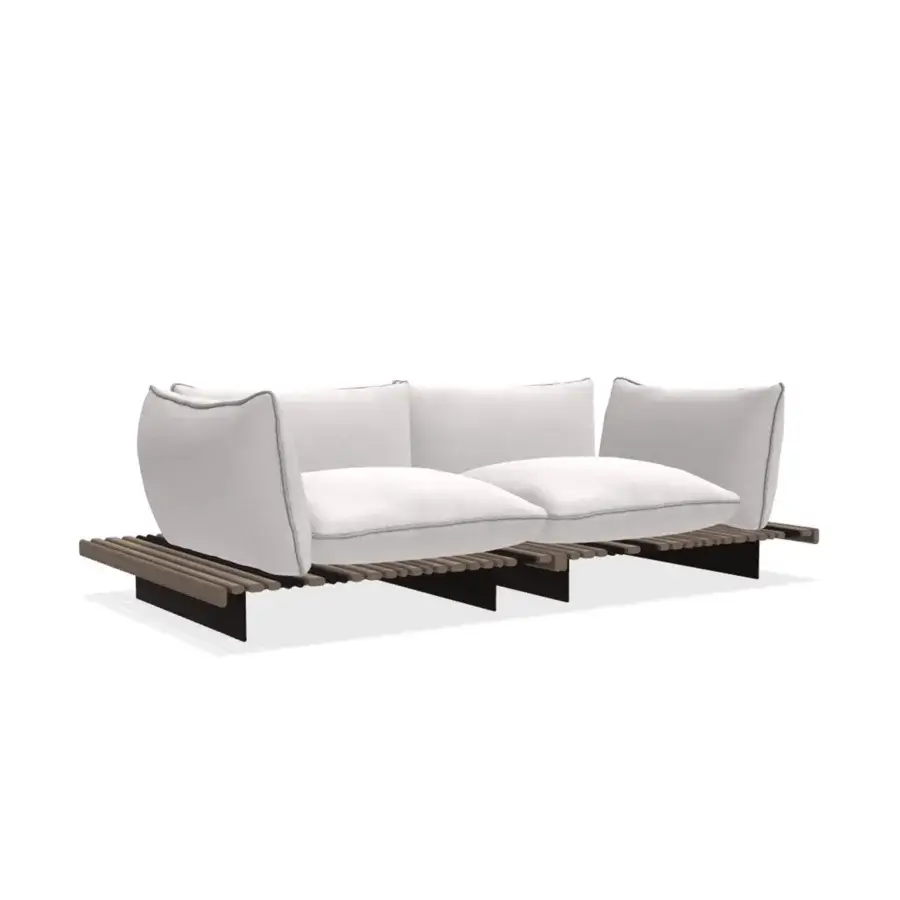 Elegant Giorgetti Apsara sofa with carob powder-coated aluminum, Afrormosia wooden slats, and removable off-white outdoor technical fabric upholstery