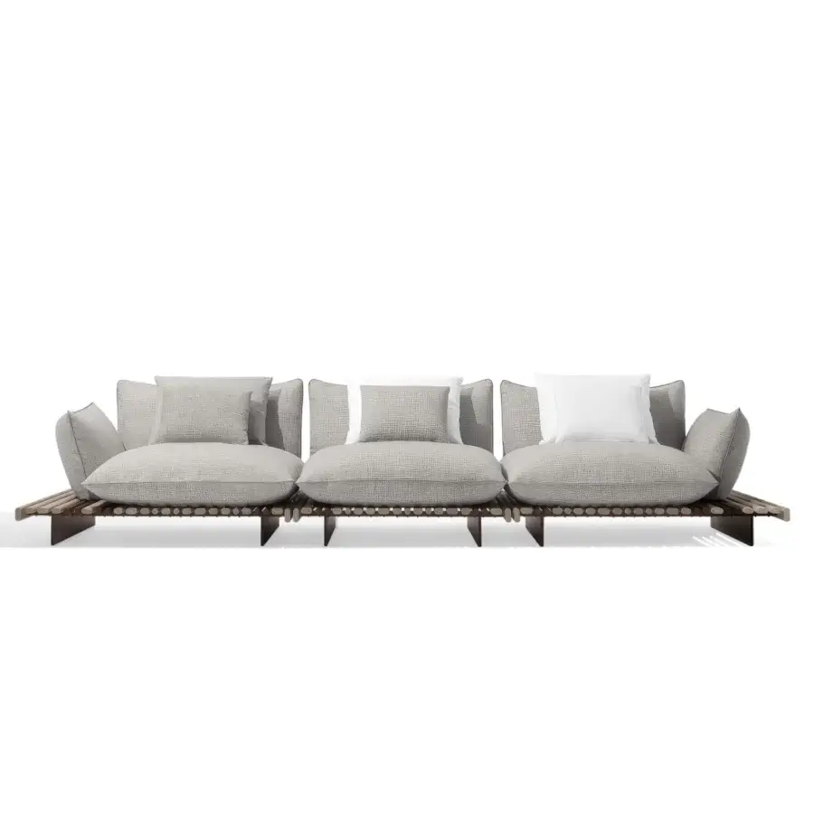 Refined Giorgetti Apsara sofa with a carob powder-coated aluminum base, Afrormosia wooden slats, and light gray waterproof outdoor technical fabric upholstery