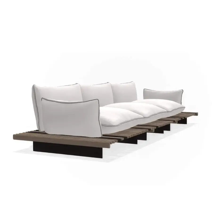 Distinguished Giorgetti Apsara sofa crafted with carob powder-coated aluminum, Afrormosia wood, and white waterproof cushions with dark piping