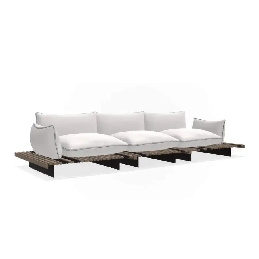 Exceptional Giorgetti Apsara sofa built with carob powder-coated aluminum, Afrormosia wood slats, and plush white cushions
