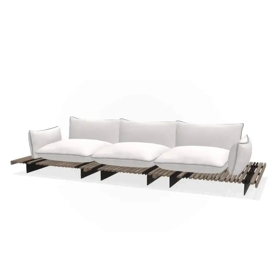 Lavish Giorgetti Apsara sofa crafted with carob powder-coated aluminum, Afrormosia wooden slats, and plush light beige waterproof fabric cushions