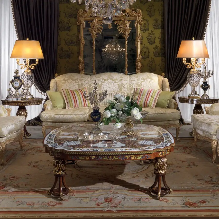 Distinguished Armando Rho A1177 sofa crafted in Italy with natural oak wood, gold leaf accents, and creamy beige floral upholstery