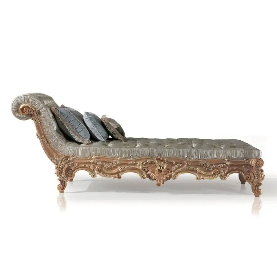 Exceptional Armando Rho A1229 chaise lounge crafted in quilted sage green textile with natural oak and gold leaf accents