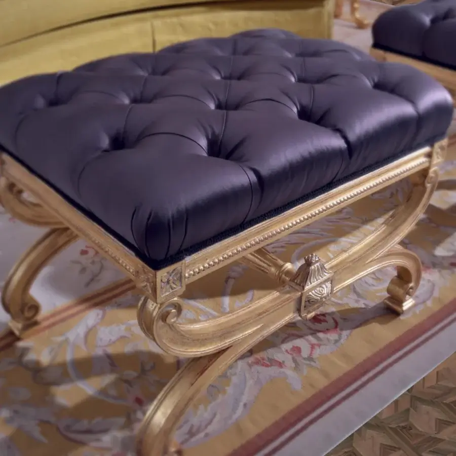 Lavish Armando Rho A1190 ottoman crafted in quilted deep purple textile with luminous gold leaf finish
