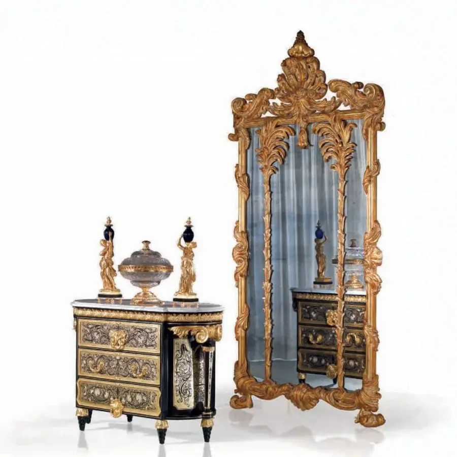 Distinguished Armando Rho A1239 dresser crafted in ebonized wood with opulent brass accents and a luxurious marble top finish