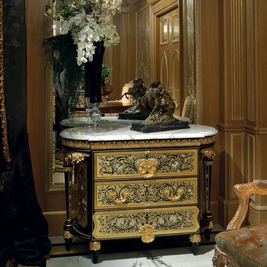 Lavish Armando Rho A1239 dresser crafted in black ebonized wood with luminous brass inlays and a marble top