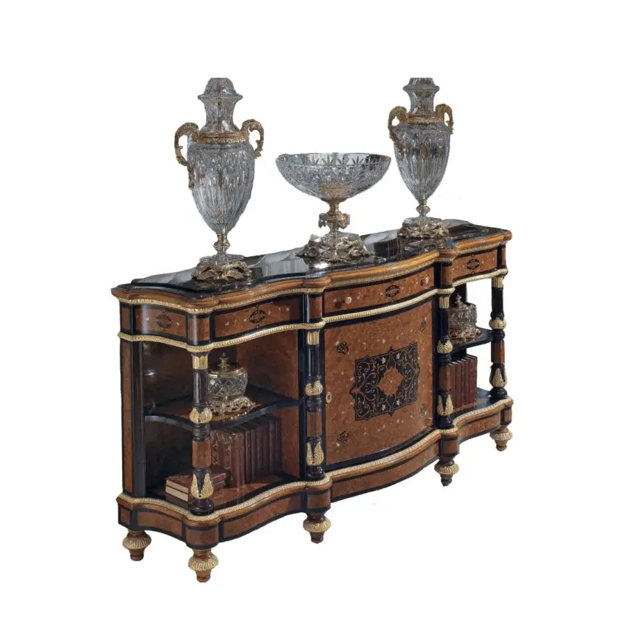 Distinguished Armando Rho A1207 cabinet crafted from walnut burl with ebony finishes and a black gold marble top
