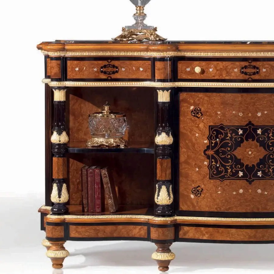 Exquisite Armando Rho A1207 cabinet handcrafted from walnut burl with deep ebony finishes and a black gold marble top