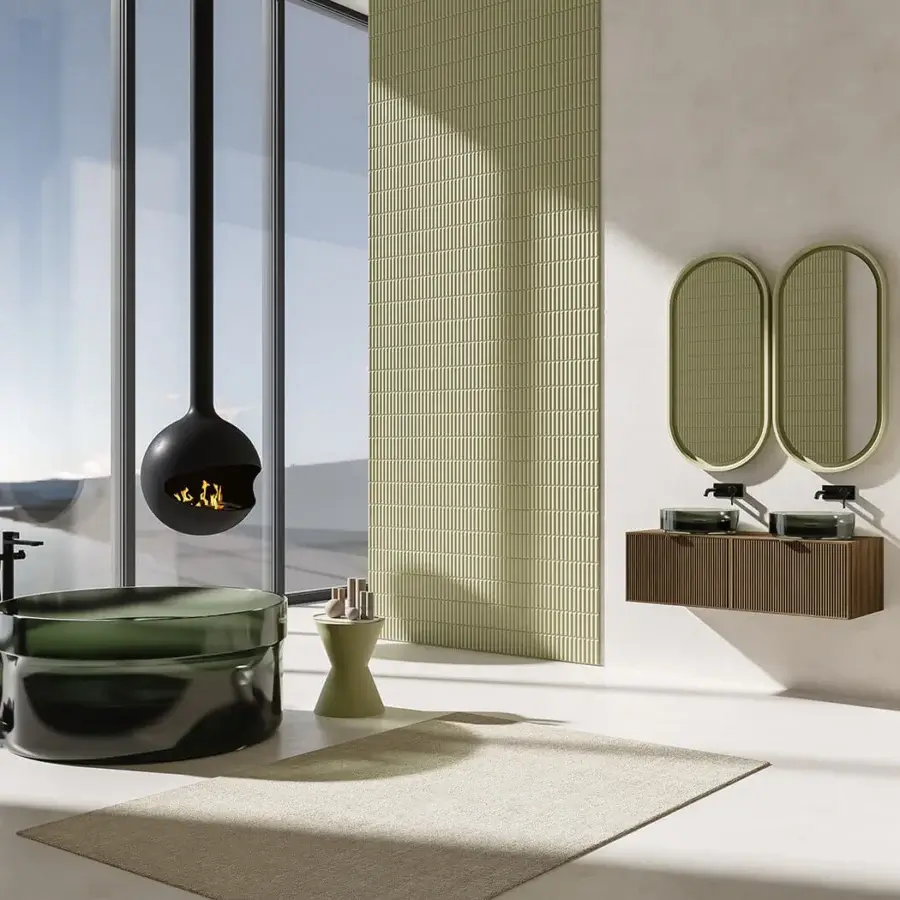 Distinguished Norah Design ISBT 01 bathtub crafted in Norahcrystal with dark green glossy finish and satin metal assembly
