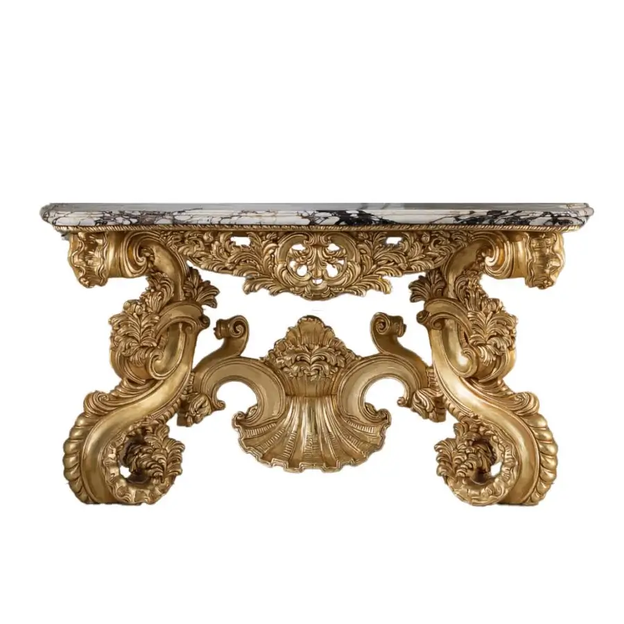Lavish Armando Rho A1221 console crafted in Italy with a marble top and luminous gold leaf finish