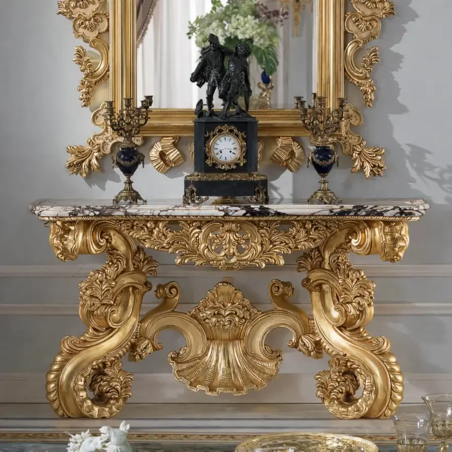 Superior Armando Rho A1221 console crafted in Italy with a luminous gold leaf finish and refined marble tabletop