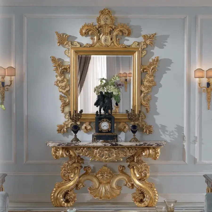 Exquisite Armando Rho A1221 console handcrafted in Italy with a marble top and luminous gold leaf finish