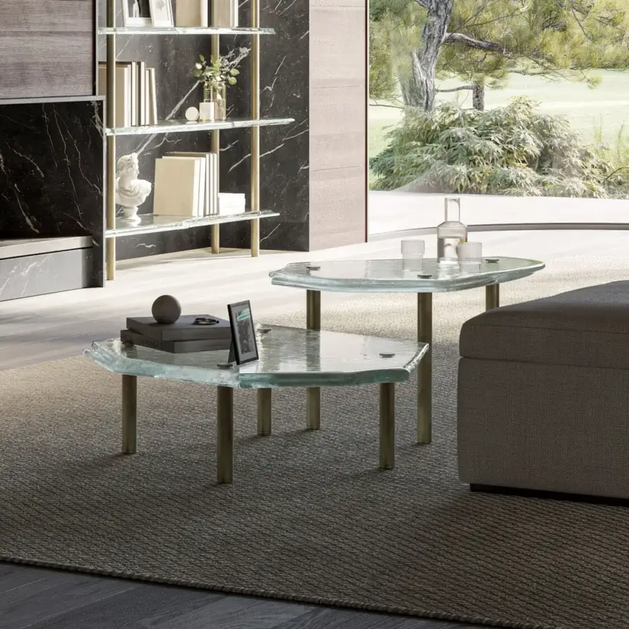 Exceptional Arte Veneziana Anzoleto coffee table crafted with layered baked glass and burnished brass legs