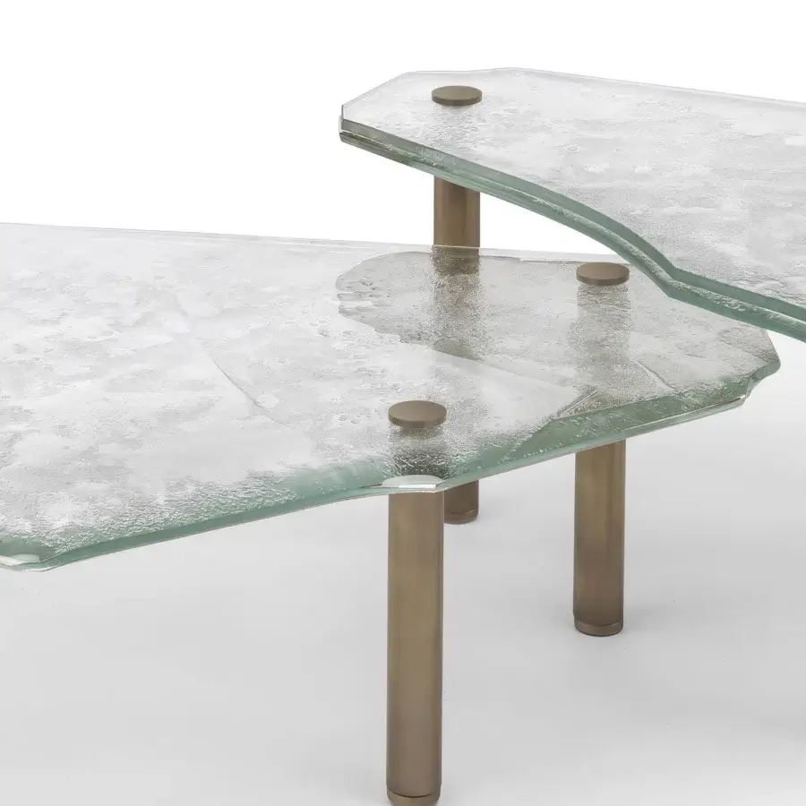Superior Arte Veneziana Anzoleto coffee table crafted with layered baked glass and burnished brass legs
