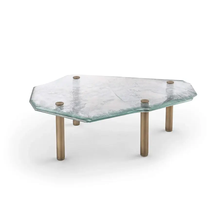 Distinguished Arte Veneziana Anzoleto coffee table with textured glass and burnished brass metal legs exhibiting a delicate golden hue