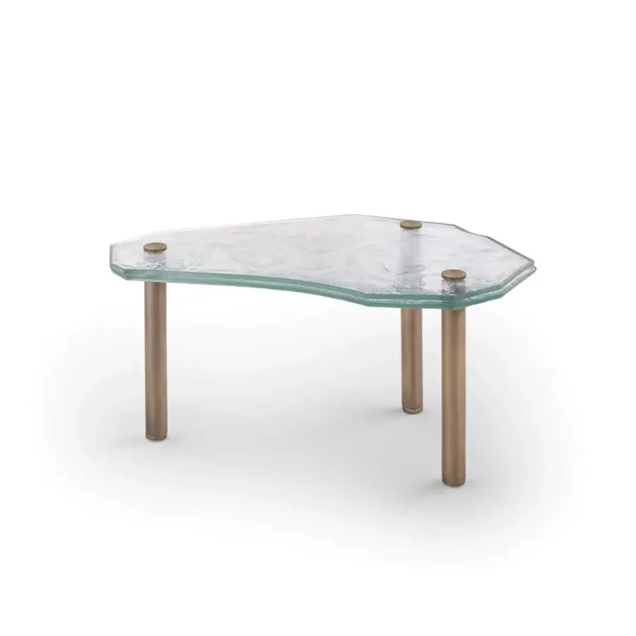 Exceptional Arte Veneziana Anzoleto coffee table with pale green glass and slender burnished brass legs