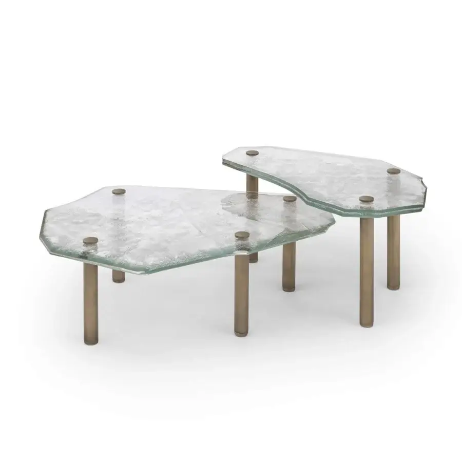 Lavish Arte Veneziana Anzoleto coffee table with irregular baked glass and burnished brass slender legs