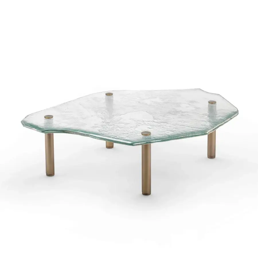 Exceptional Arte Veneziana Anzoleto coffee table with textured baked glass and burnished brass legs