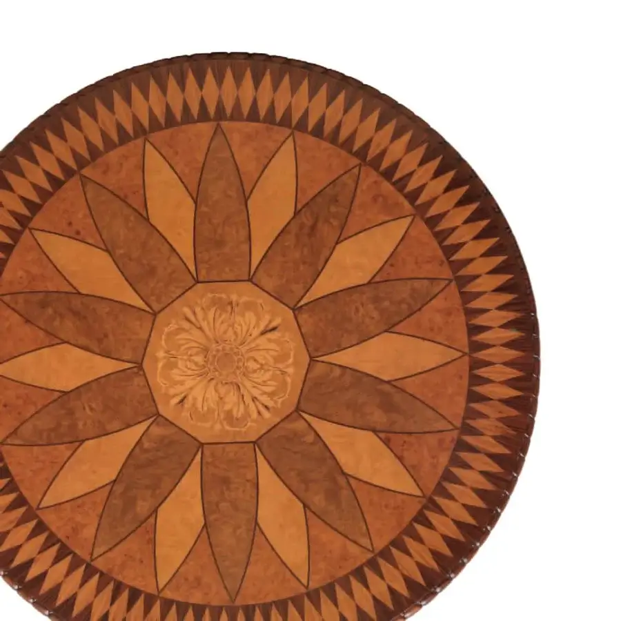 Superior Armando Rho A1244 foyer table crafted in walnut burl, myrtle burl and vavona burl veneers with gold leaf accents
