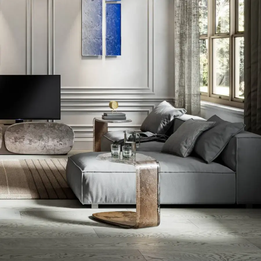 Exceptional Arte Veneziana Paguro side table built with two layers of baked glass exhibiting a degradé finish and partial silvering