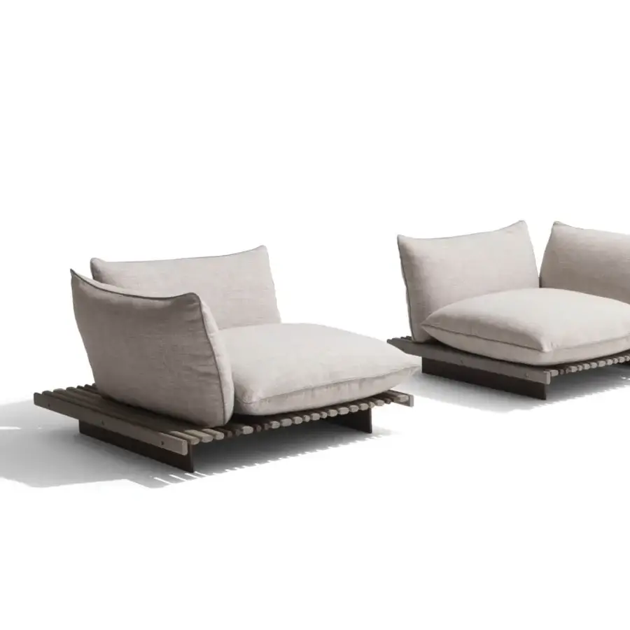 Superior Giorgetti Apsara lounge chair crafted with carob powder-coated aluminum, Afrormosia wooden slats, and waterproof beige fabric upholstery