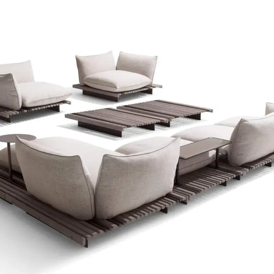Distinguished Giorgetti Apsara lounge chair with carob powder-coated aluminum, Afrormosia wooden slats, and light beige waterproof fabric cushioning