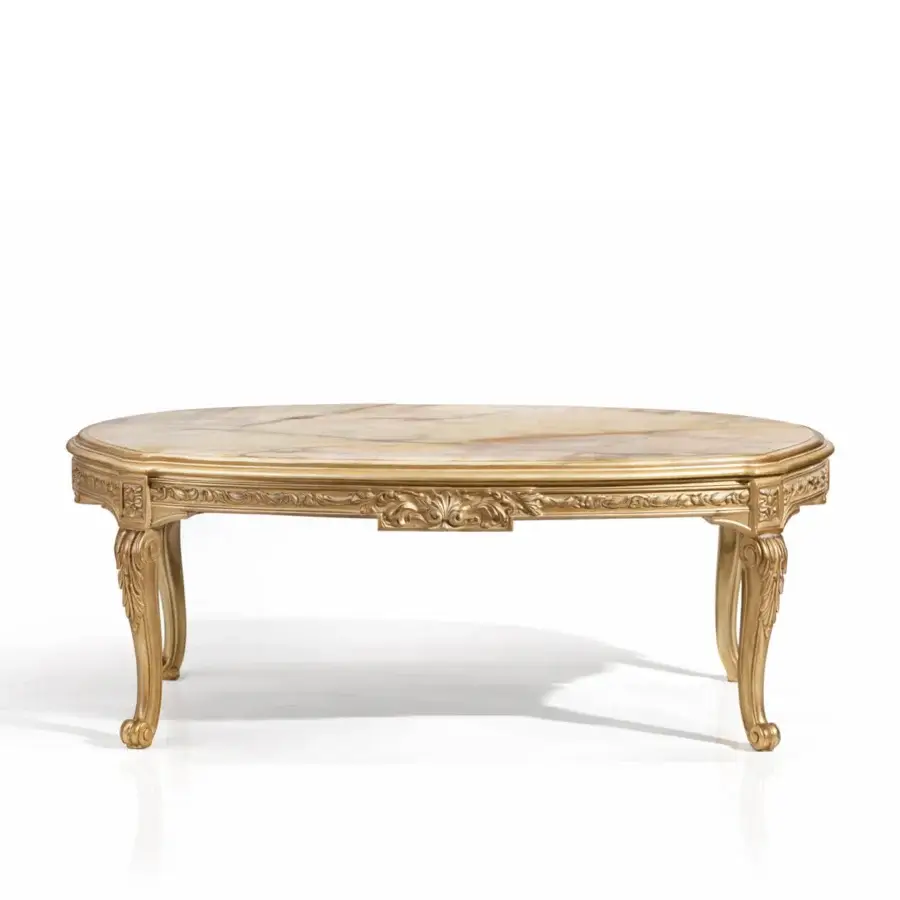 Distinguished Armando Rho A1351 coffee table with green onyx and sculpted gold leaf finished wood frame