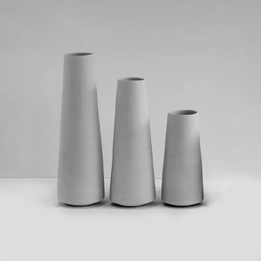 Superior Rina Menardi Mono Vases, conical decorative items crafted in Italy with neutral gray and matte finish