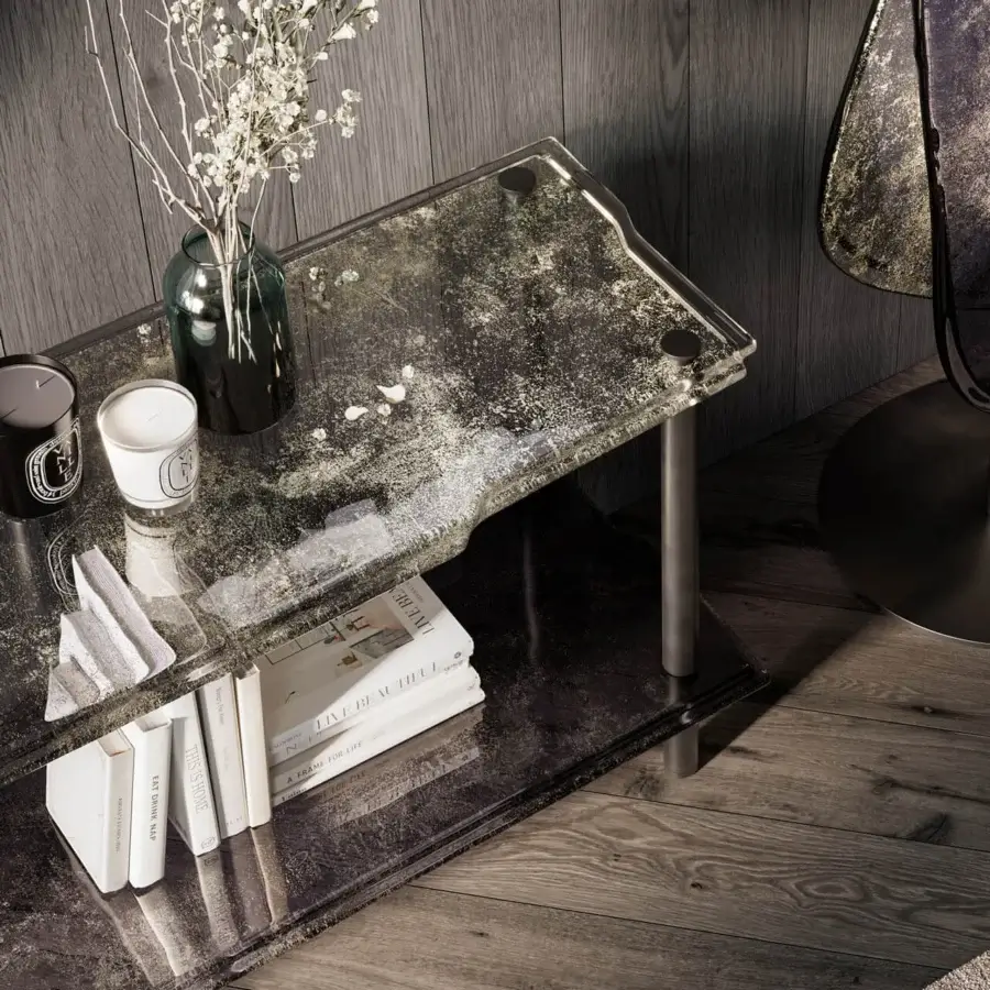 Exceptional Arte Veneziana Canocia console crafted with baked glass in midnight blue to crystal degradé with silvering