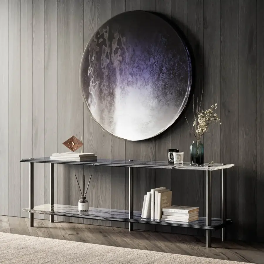 Distinctive Arte Veneziana Canocia console crafted with baked glass in midnight blue to crystal transparency with polished nickel iron frame