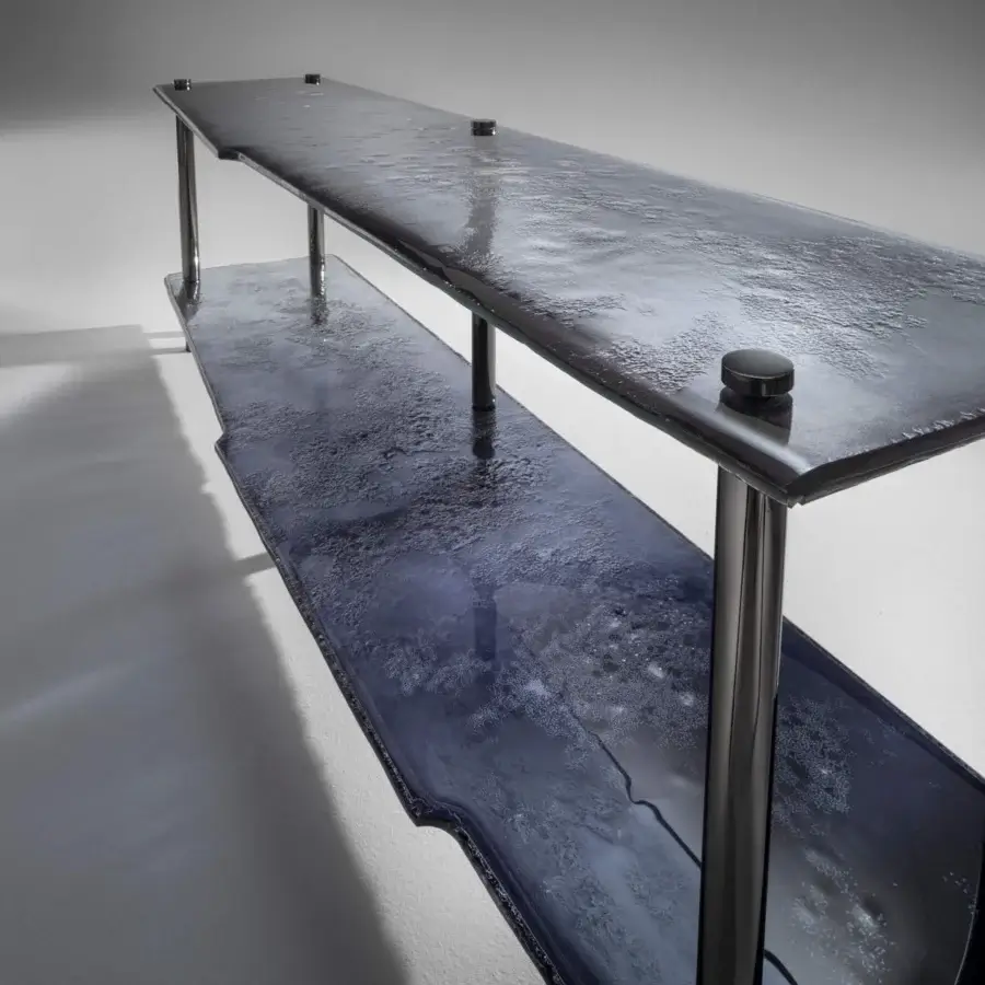 Luxury Arte Veneziana Canocia console crafted with baked glass transitioning from midnight blue to crystal transparency with polished nickel iron frame