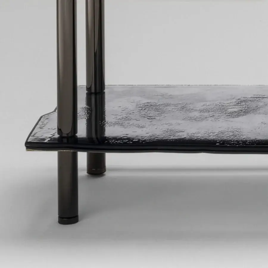 Exceptional Arte Veneziana Canocia console crafted with two layers of baked glass exhibiting a degradé finish and polished nickel iron support