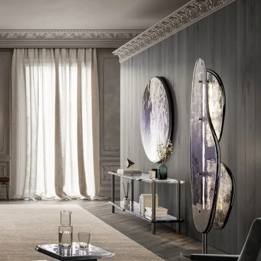Distinguished Arte Veneziana Canocia console crafted with baked glass exhibiting a degradé finish and polished nickel iron frame