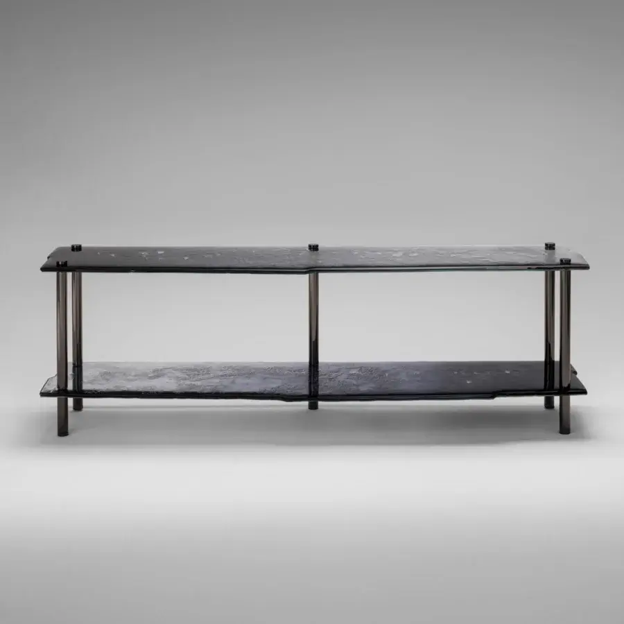 Superior Arte Veneziana Canocia console crafted with baked glass exhibiting a degradé from midnight blue to crystal transparency with a polished nickel frame