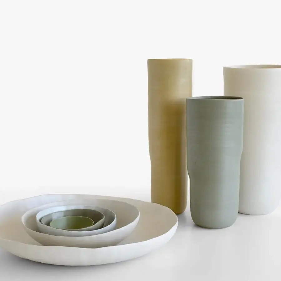 Exceptional Rina Menardi Menhir vase set crafted in ceramic with a subtly textured matte finish and natural chromatic variations