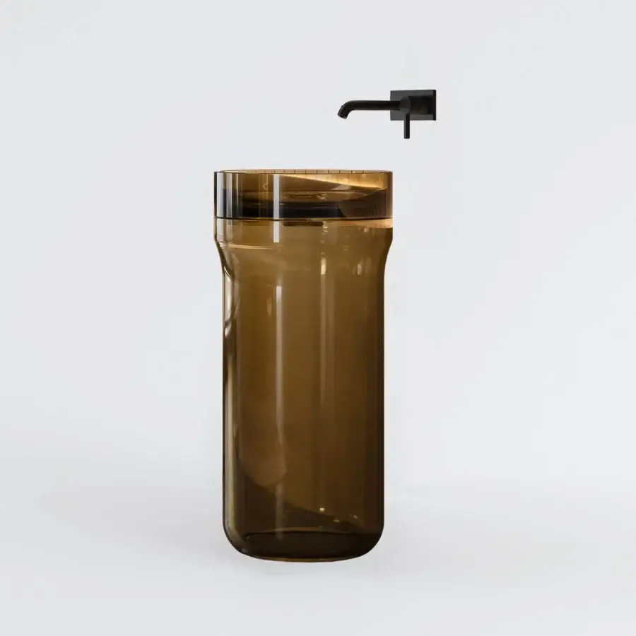 Innovative NORAH DESIGN ISCN 01 sink sculpted in amber Norahcrystal with polished rim and frosted base