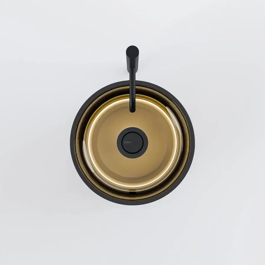 Exceptional NORAH DESIGN ISCN 01 sink sculpted in amber Norahcrystal with a matte black exterior and polished metallic ring