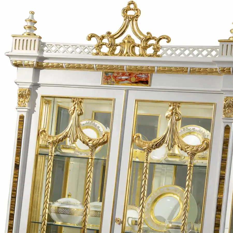 Exceptional Armando Rho A1330 cabinet handcrafted in ivory with gold leaf, tiger eye inserts and inlaid precious stones