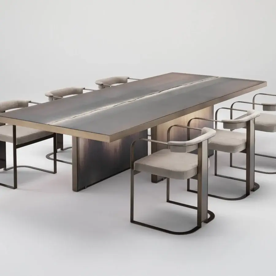 Distinguished Arte Veneziana Belvedere table with burnished brass metal and substantial glass crafted in Roddi and Neive finishes
