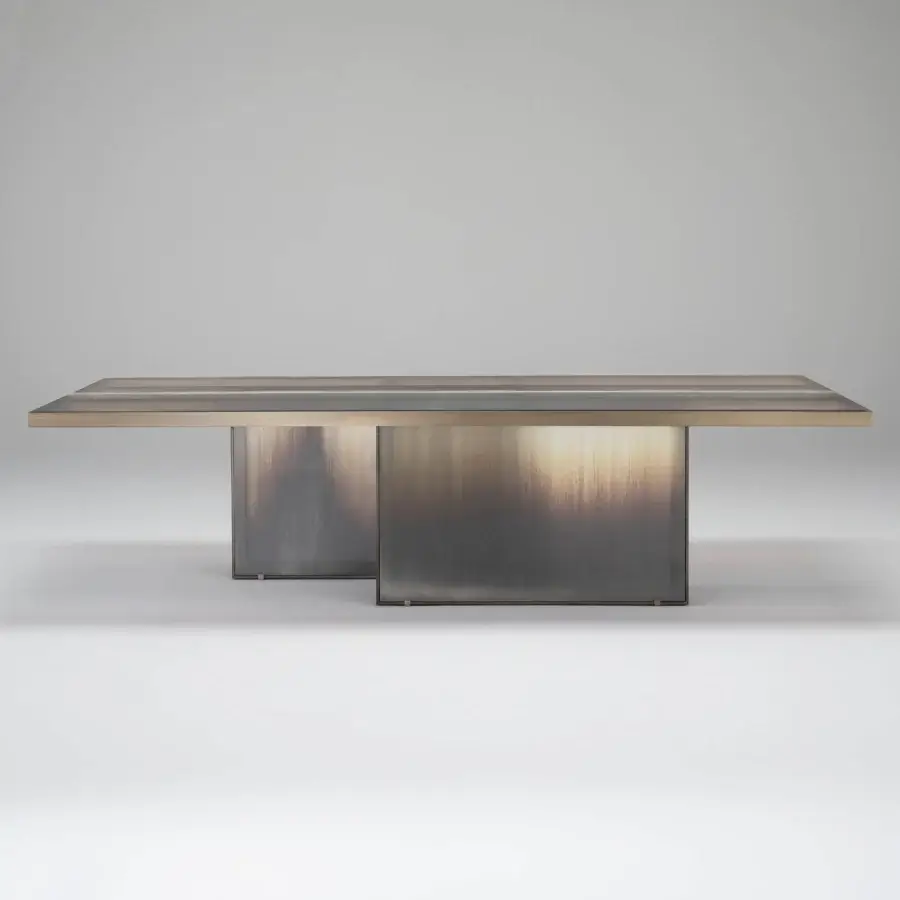 Exceptional Arte Veneziana Belvedere table with a Roddi glass top and burnished brass metal frame in neutral tones