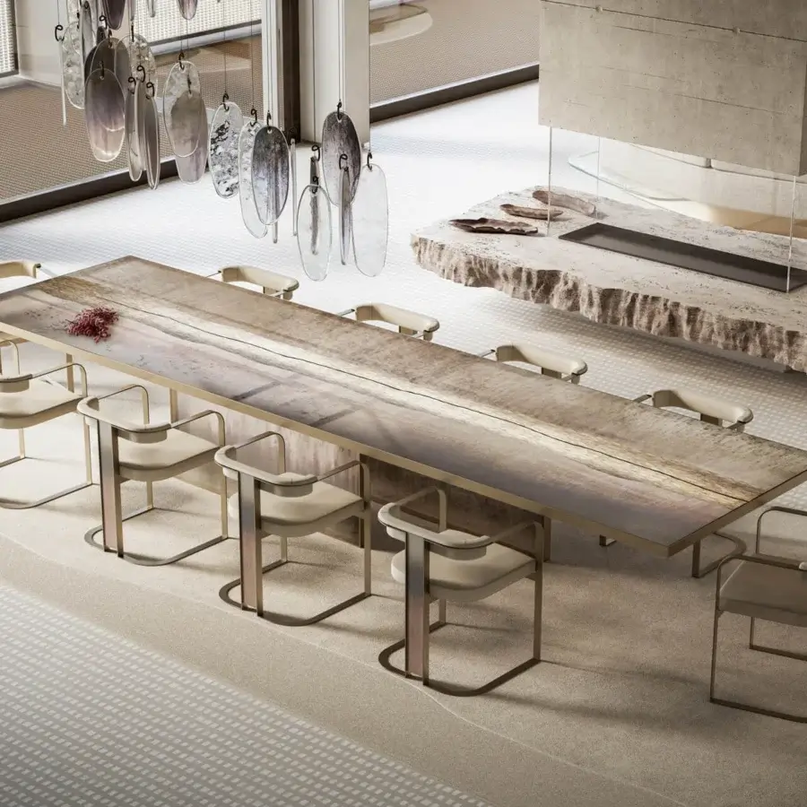 Elegant Arte Veneziana Belvedere table with a Roddi glass top and burnished brass metal base crafted in the Neive finish