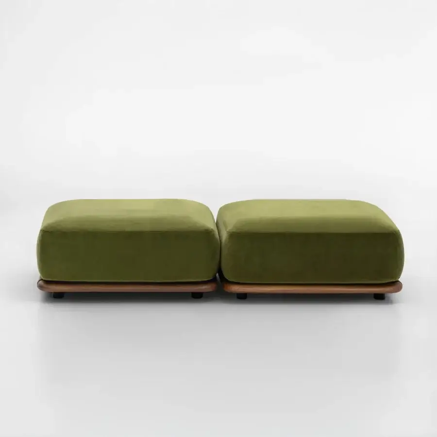 Distinguished Giorgetti Moorea ottoman with pewter stainless steel and painted Teak, upholstered in muted olive green weather-resistant fabric