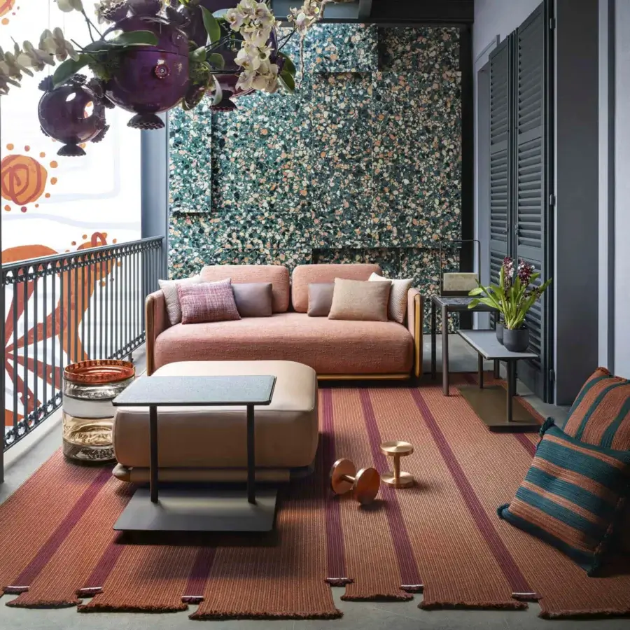 Superior Giorgetti Moorea ottoman with terracotta upholstery, pewter stainless steel frame and painted Teak inserts
